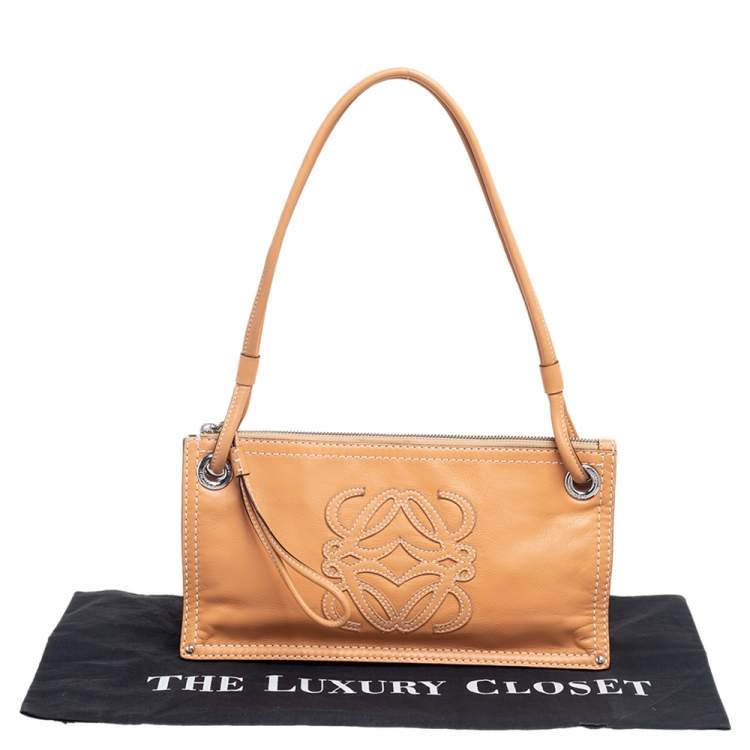 Pre Owned Loewe Tan Leather Logo & Anagram Patch Shoulder Bag