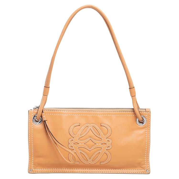 Pre Owned Loewe Tan Leather Logo & Anagram Patch Shoulder Bag