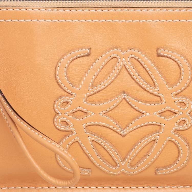 Pre Owned Loewe Tan Leather Logo & Anagram Patch Shoulder Bag