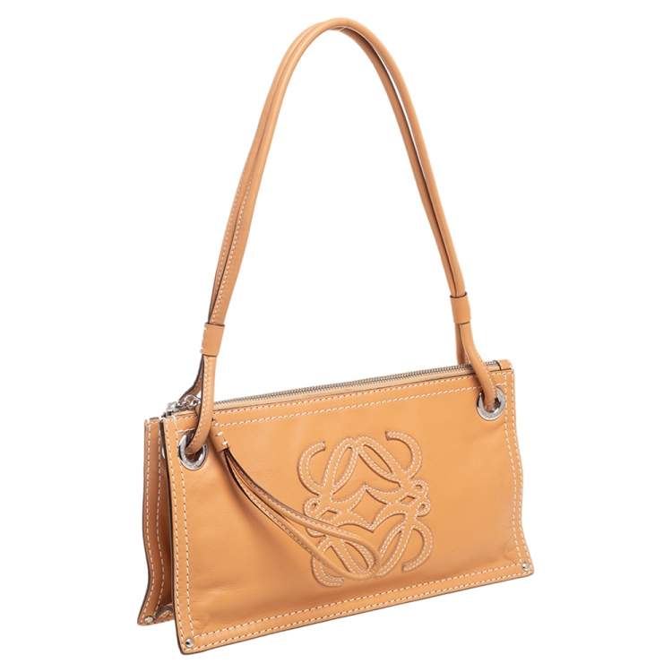 Pre Owned Loewe Tan Leather Logo & Anagram Patch Shoulder Bag