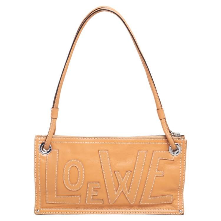 Pre Owned Loewe Tan Leather Logo & Anagram Patch Shoulder Bag