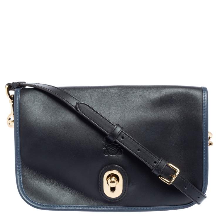 Pre Owned Loewe Black/Blue Leather Flap Shoulder Bag