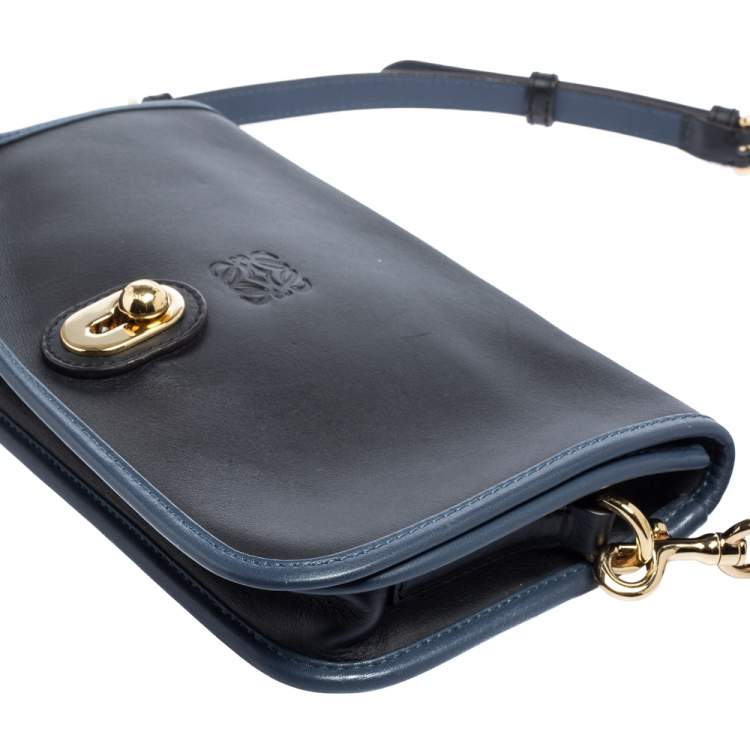 Pre Owned Loewe Black/Blue Leather Flap Shoulder Bag