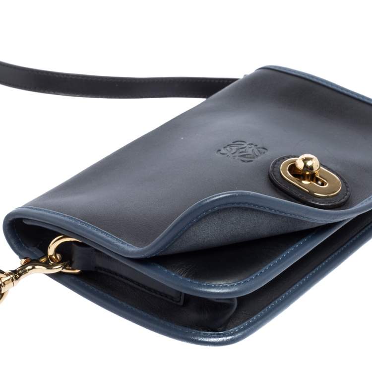 Pre Owned Loewe Black/Blue Leather Flap Shoulder Bag