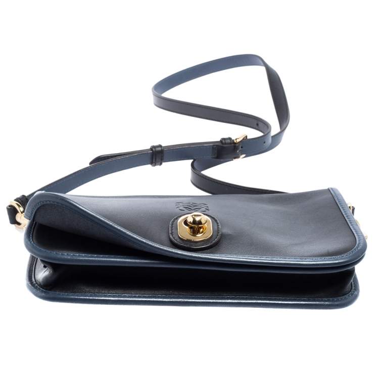 Pre Owned Loewe Black/Blue Leather Flap Shoulder Bag