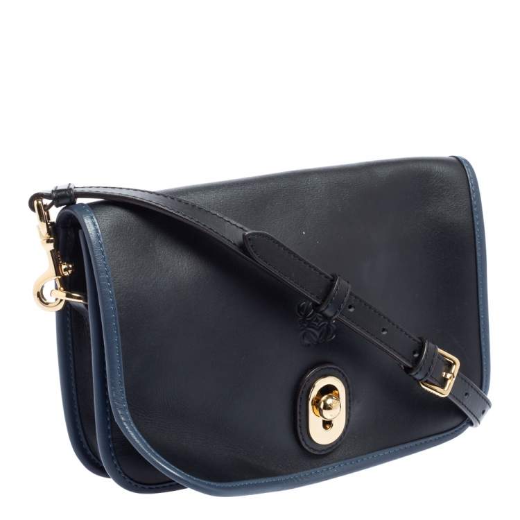 Pre Owned Loewe Black/Blue Leather Flap Shoulder Bag