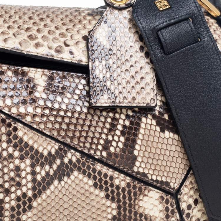 Pre Owned Loewe Black/Beige Python and Leather Small Puzzle Shoulder Bag