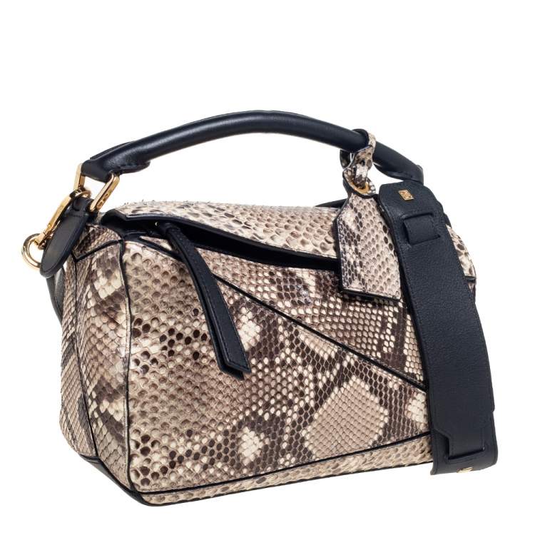 Pre Owned Loewe Black/Beige Python and Leather Small Puzzle Shoulder Bag