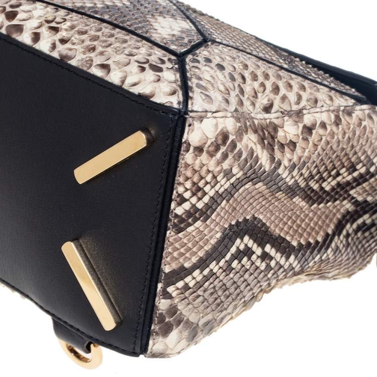 Pre Owned Loewe Black/Beige Python and Leather Small Puzzle Shoulder Bag