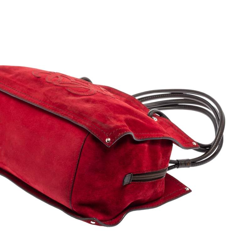 Pre Owned Loewe Brown/Dark Red Suede And Leather Satchel