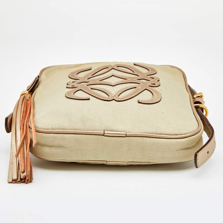 Pre Owned Loewe Beige/Gold Canvas and Leather Messenger Bag
