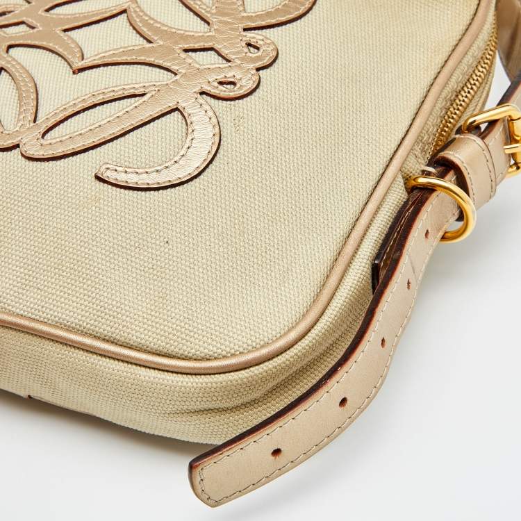 Pre Owned Loewe Beige/Gold Canvas and Leather Messenger Bag