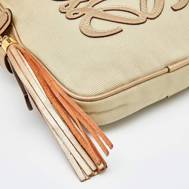 Pre Owned Loewe Beige/Gold Canvas and Leather Messenger Bag