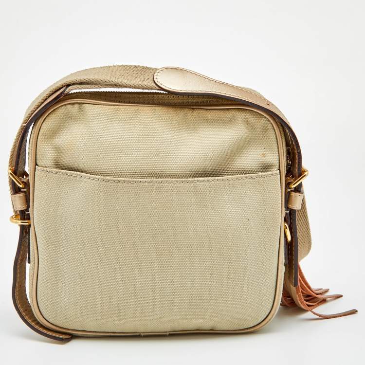 Pre Owned Loewe Beige/Gold Canvas and Leather Messenger Bag