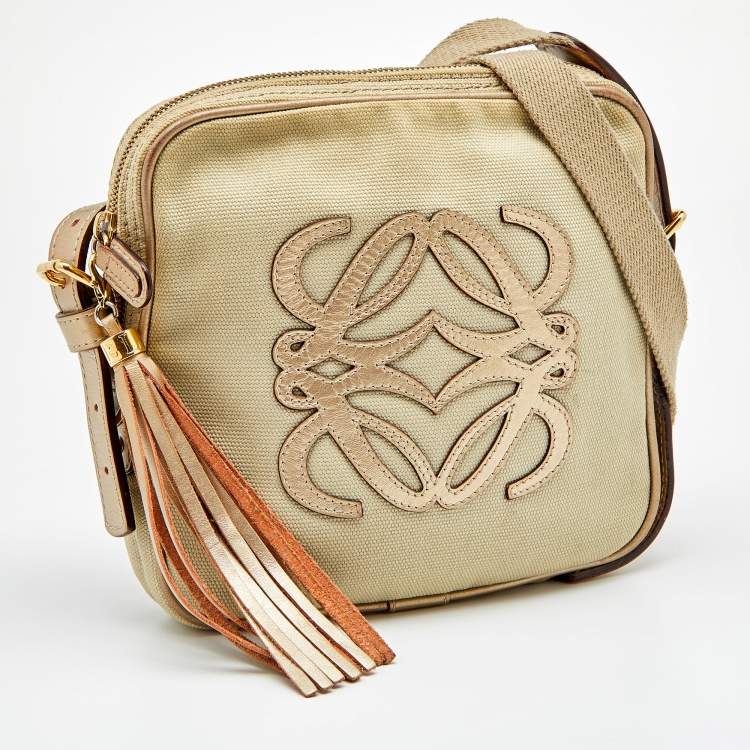 Pre Owned Loewe Beige/Gold Canvas and Leather Messenger Bag