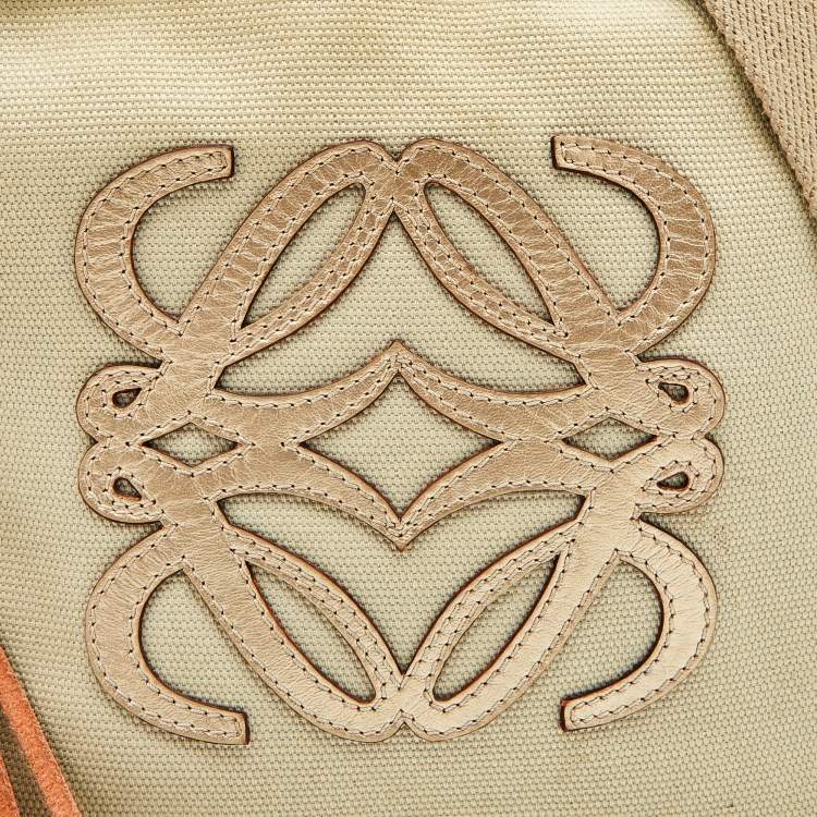 Pre Owned Loewe Beige/Gold Canvas and Leather Messenger Bag