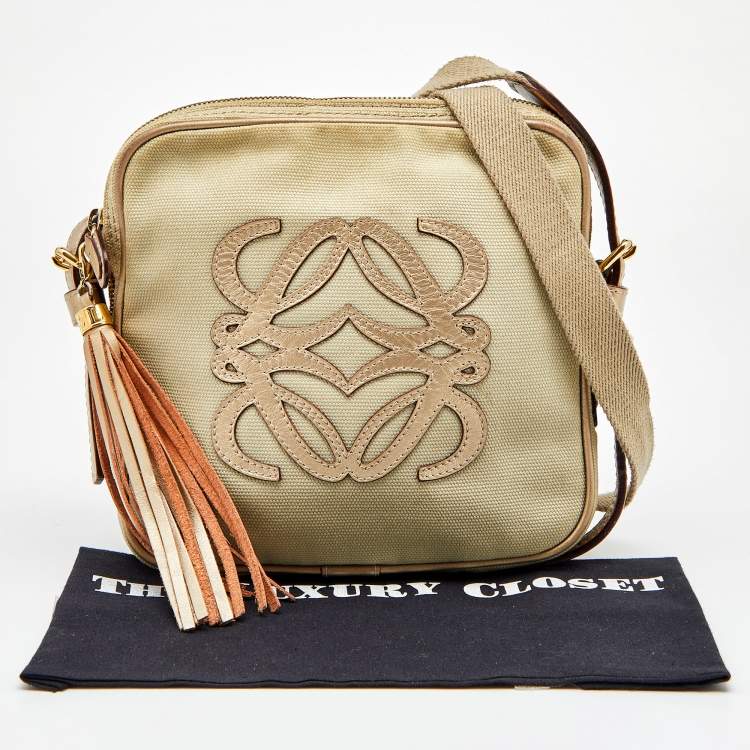 Pre Owned Loewe Beige/Gold Canvas and Leather Messenger Bag