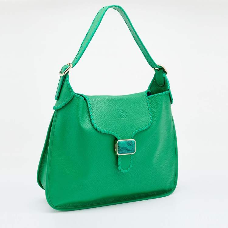 Pre Owned Loewe Green Leather and LIzard Detail Shoulder Bag