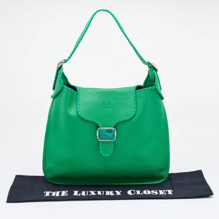 Pre Owned Loewe Green Leather and LIzard Detail Shoulder Bag