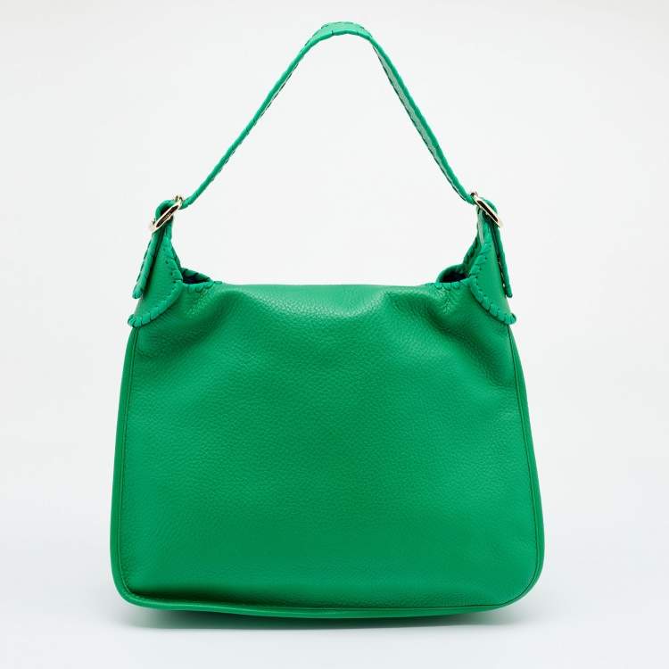 Pre Owned Loewe Green Leather and LIzard Detail Shoulder Bag
