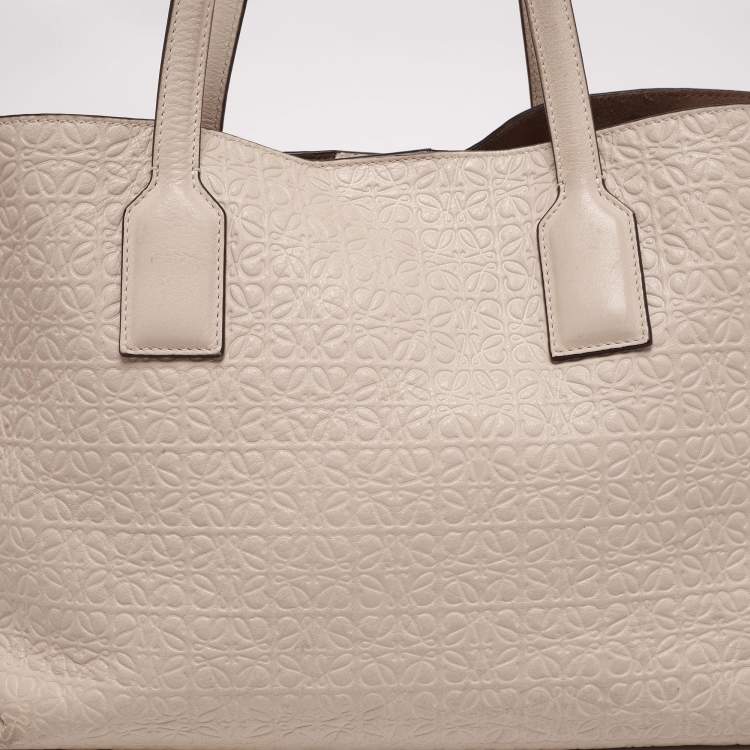 Pre Owned Loewe Beige Logo Embossed Leather T Shopper Tote