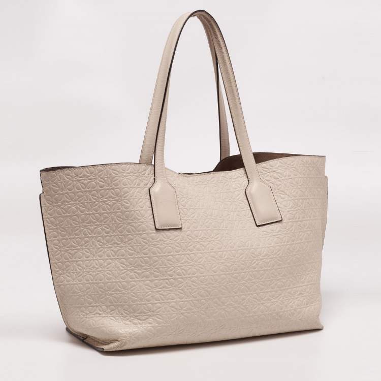 Pre Owned Loewe Beige Logo Embossed Leather T Shopper Tote