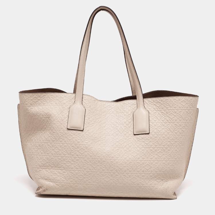Pre Owned Loewe Beige Logo Embossed Leather T Shopper Tote