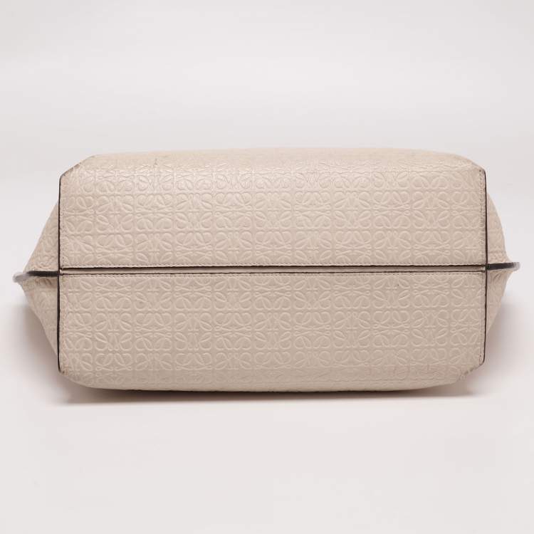 Pre Owned Loewe Beige Logo Embossed Leather T Shopper Tote
