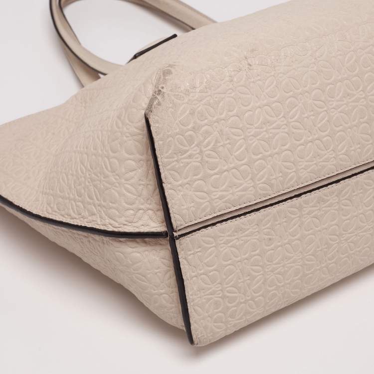 Pre Owned Loewe Beige Logo Embossed Leather T Shopper Tote