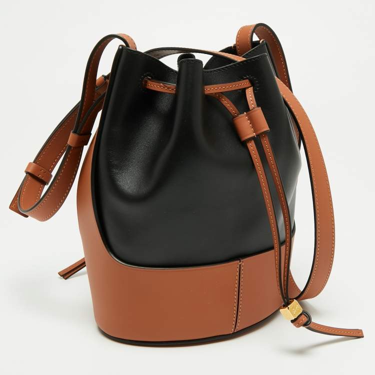Pre Owned Loewe Black/Tan Leather Balloon Drawstring Bucket Bag
