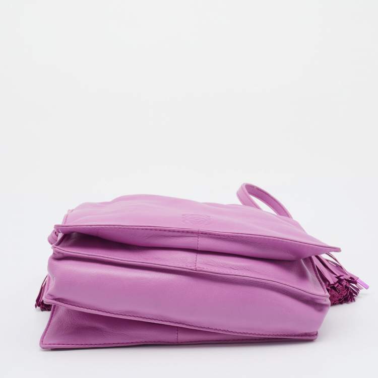 Pre Owned Loewe Purple Leather Flap Tassel Crossbody Bag