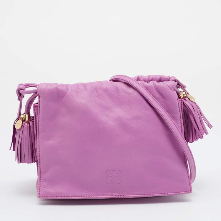 Pre Owned Loewe Purple Leather Flap Tassel Crossbody Bag
