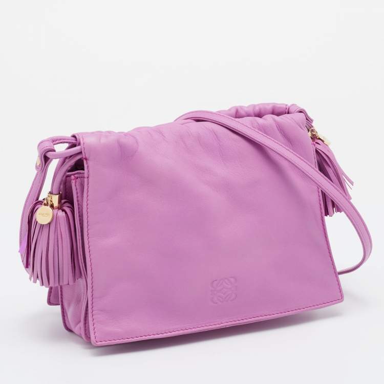 Pre Owned Loewe Purple Leather Flap Tassel Crossbody Bag