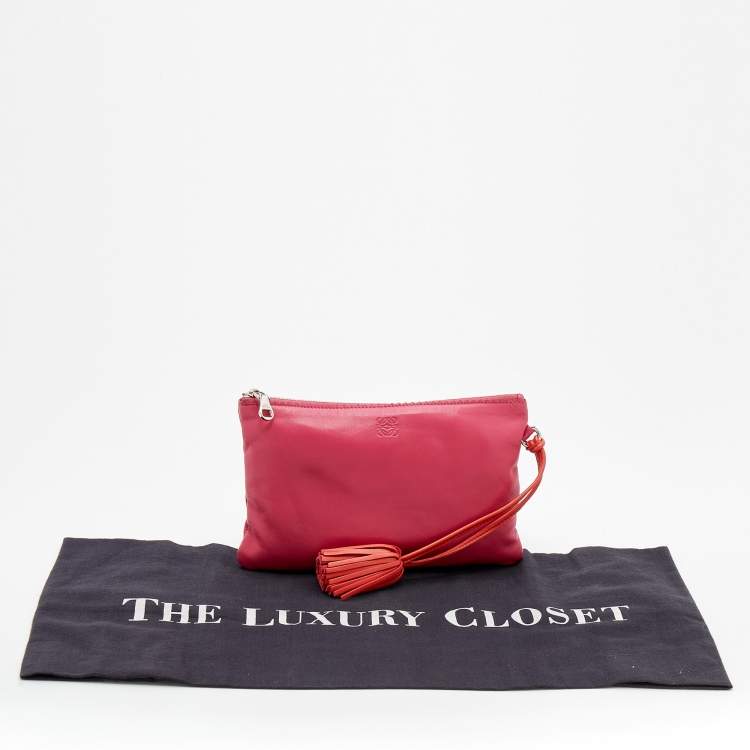 Pre Owned Loewe Pink Leather Logo Embossed Tassel Zip Pouch