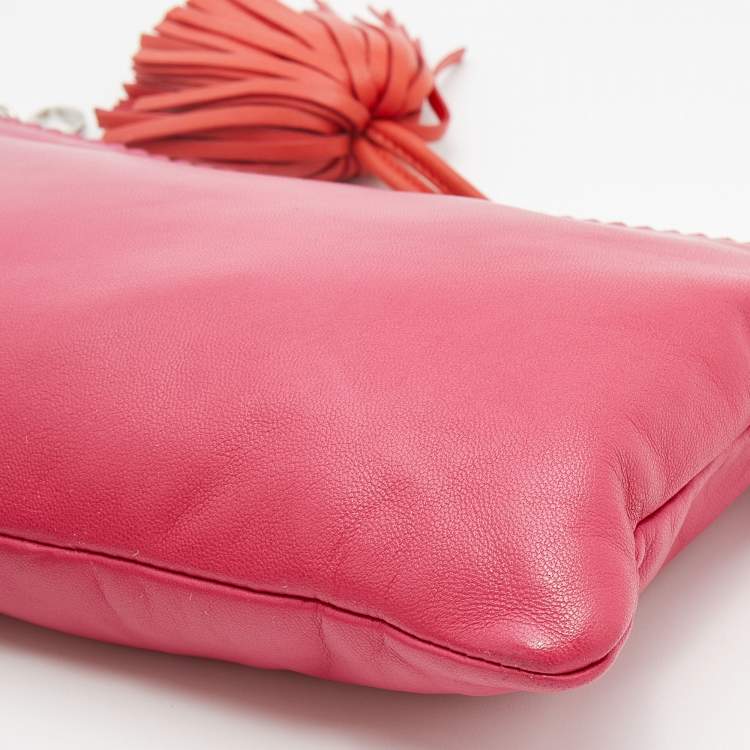 Pre Owned Loewe Pink Leather Logo Embossed Tassel Zip Pouch