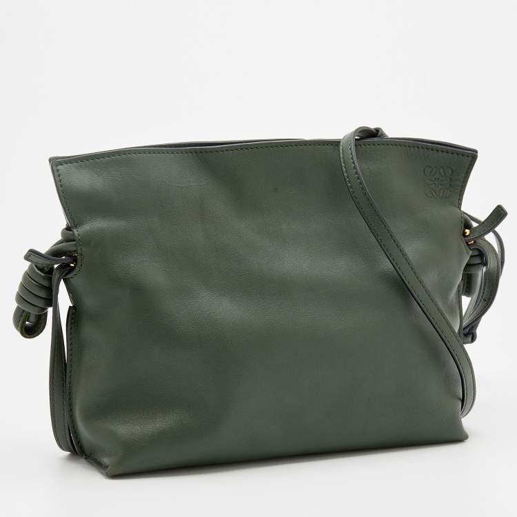 Pre Owned Loewe Olive Green Leather Flamenco Clutch