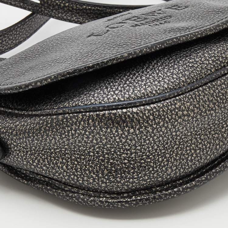 Pre Owned Loewe Metallic Silver/Black Leather Logo Embossed Heritage Crossbody Bag