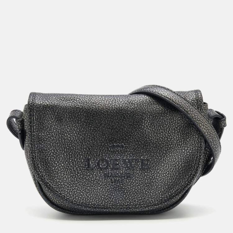 Pre Owned Loewe Metallic Silver/Black Leather Logo Embossed Heritage Crossbody Bag