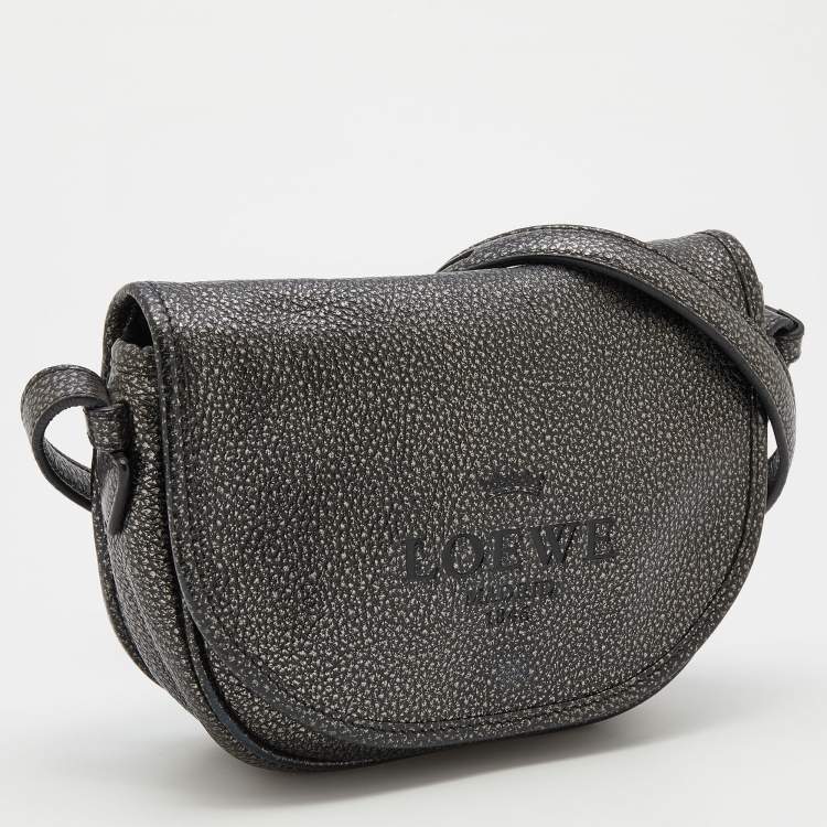 Pre Owned Loewe Metallic Silver/Black Leather Logo Embossed Heritage Crossbody Bag