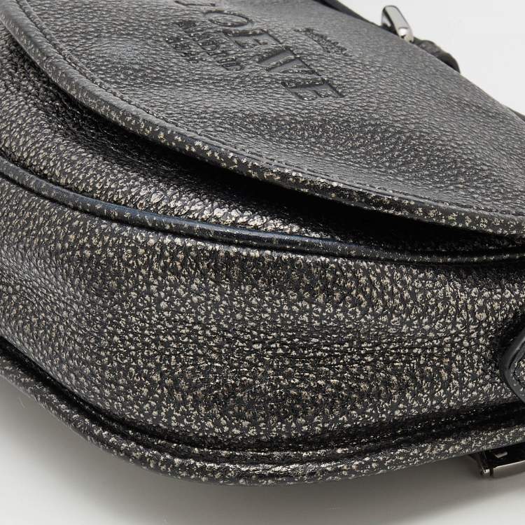 Pre Owned Loewe Metallic Silver/Black Leather Logo Embossed Heritage Crossbody Bag