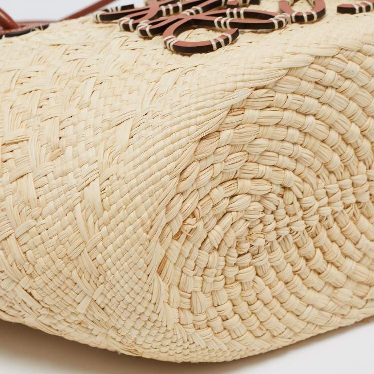 Pre Owned Loewe Beige Woven Straw and Leather Small Anagram Basket Shoulder Bag