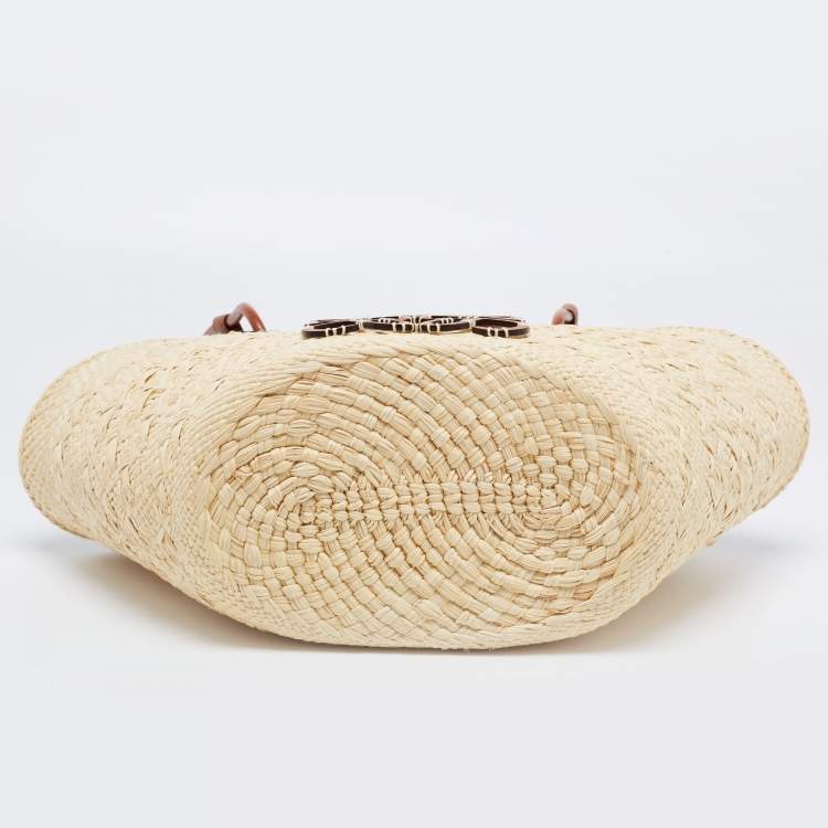 Pre Owned Loewe Beige Woven Straw and Leather Small Anagram Basket Shoulder Bag