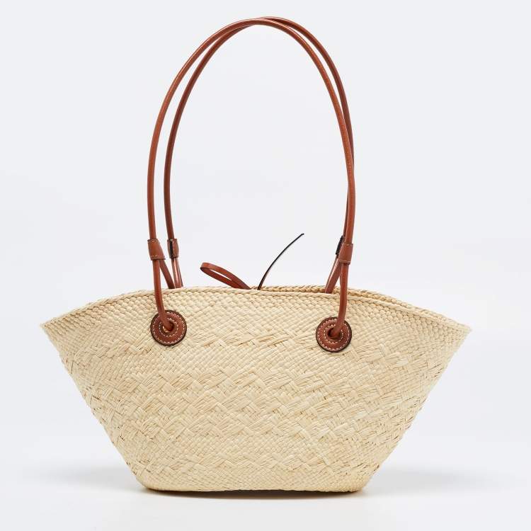Pre Owned Loewe Beige Woven Straw and Leather Small Anagram Basket Shoulder Bag