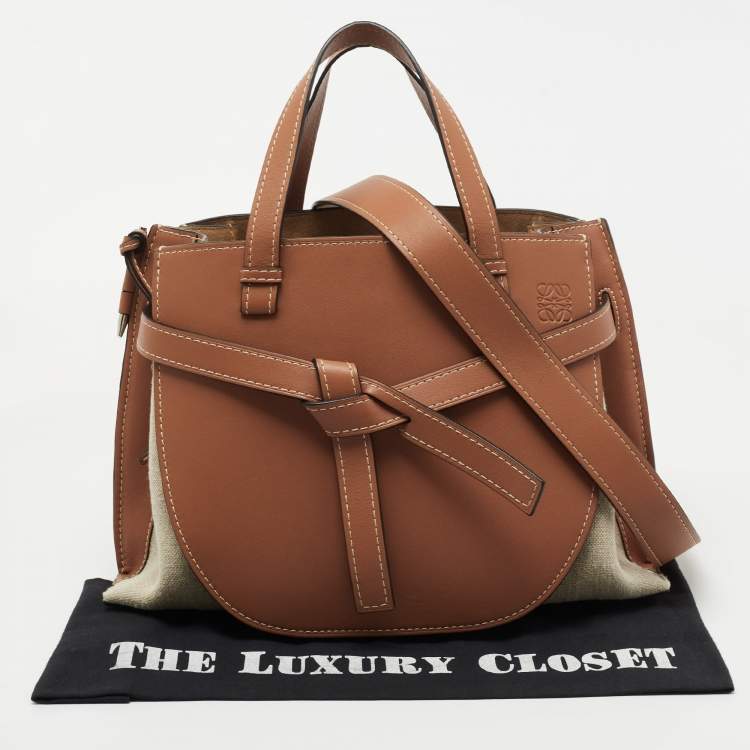 Pre Owned Loewe Tan/Beige Leather and Canvas Medium Gate Tote