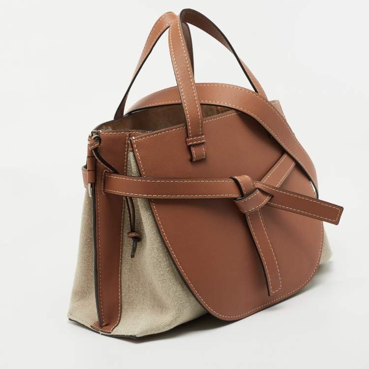 Pre Owned Loewe Tan/Beige Leather and Canvas Medium Gate Tote
