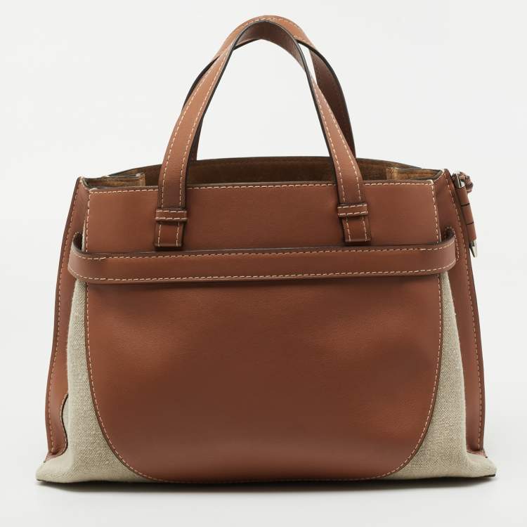 Pre Owned Loewe Tan/Beige Leather and Canvas Medium Gate Tote