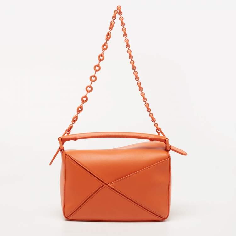 Pre Owned Loewe Orange Leather Small Puzzle Shoulder Bag