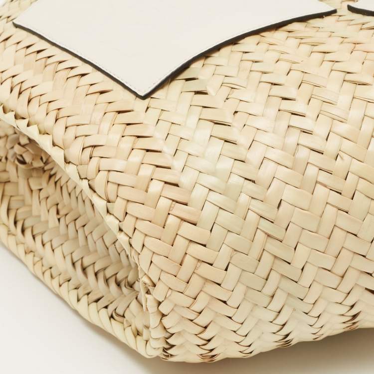 Pre Owned  Loewe Beige/White Woven Raffia and Leather Basket Bag