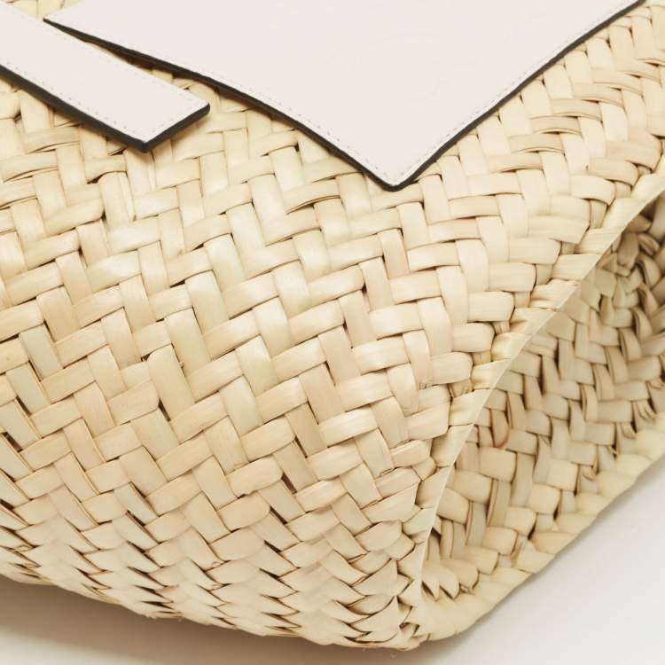 Pre Owned  Loewe Beige/White Woven Raffia and Leather Basket Bag