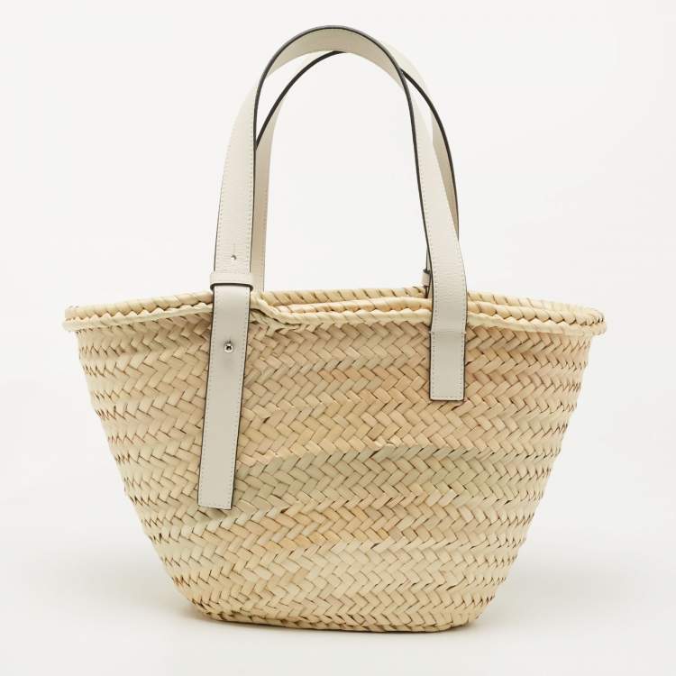 Pre Owned  Loewe Beige/White Woven Raffia and Leather Basket Bag